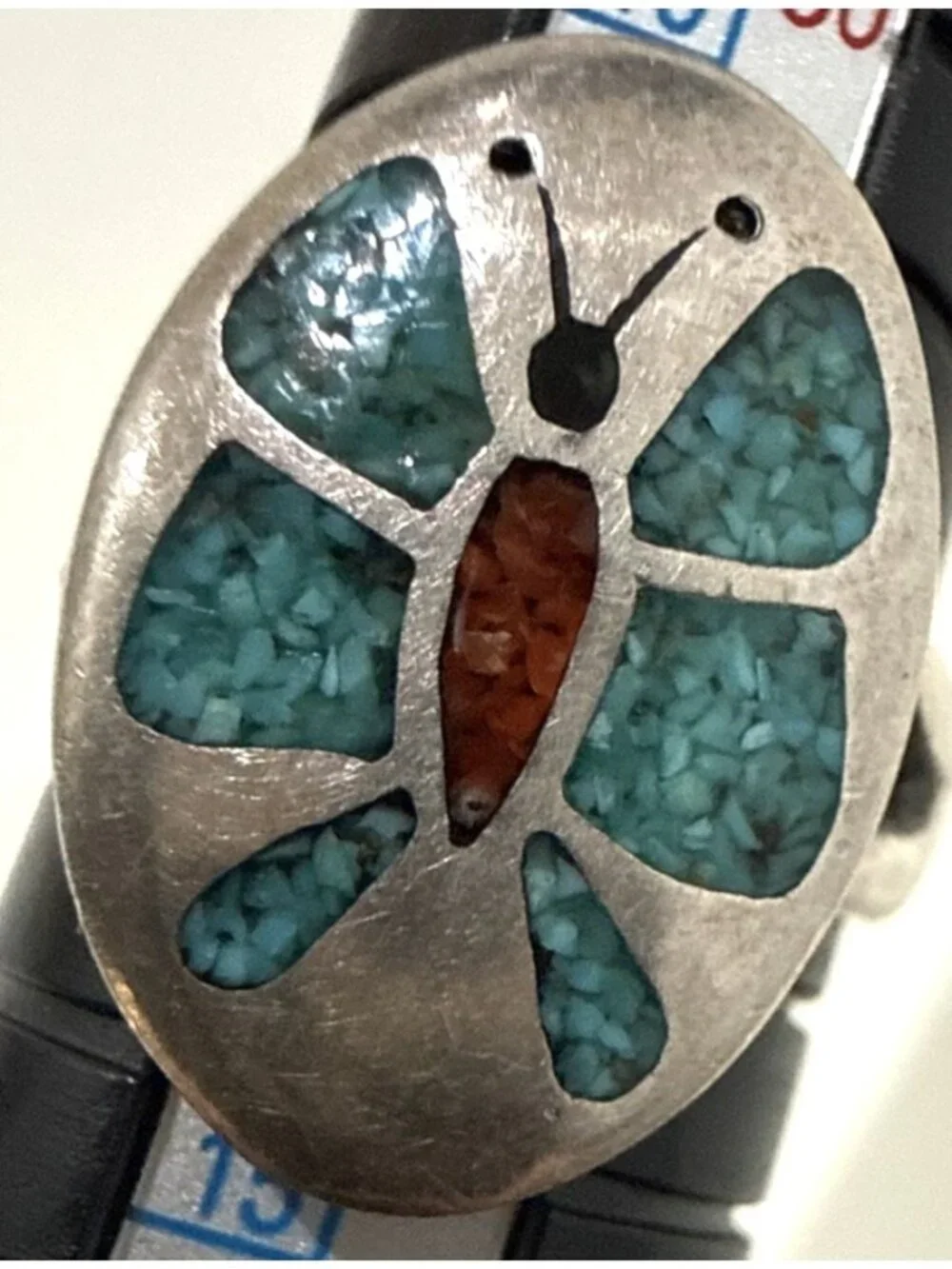 Vintage Native American Coral Turquoise Chip Inlay Silver Ring Southwestern 6.5